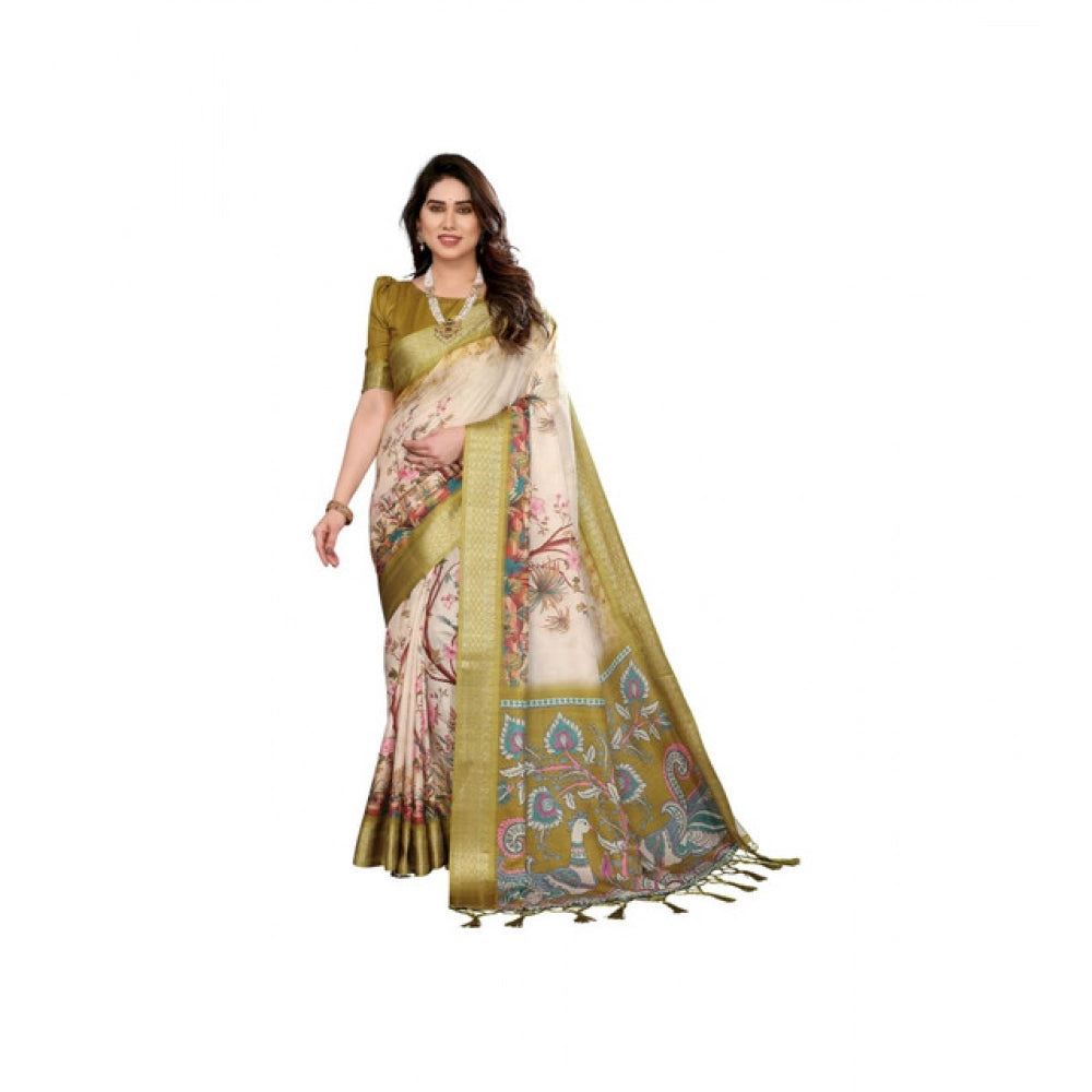 Women's Cotton Silk Printed Saree With Unstitched Blouse 5.5mtr (olive Green) | Women Signature Collection