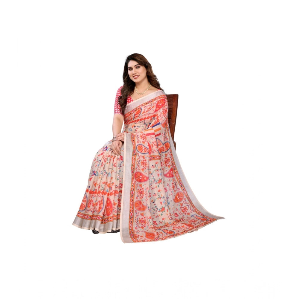 Women's Linen Cotton Printed Saree With Unstitched Blouse 5.5mtr (orange ) | Women Signature Collection
