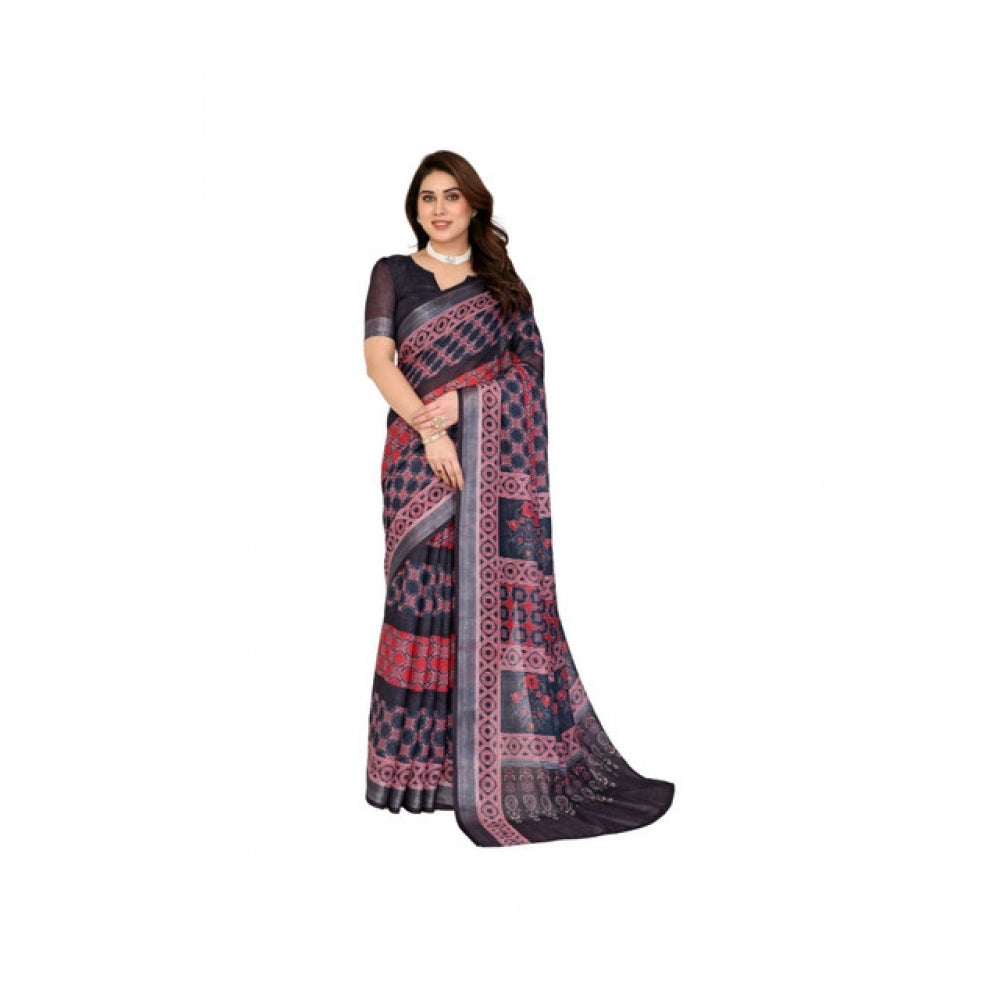 Women's Linen Cotton Printed Saree With Unstitched Blouse 5.5mtr (black) | Women Signature Collection