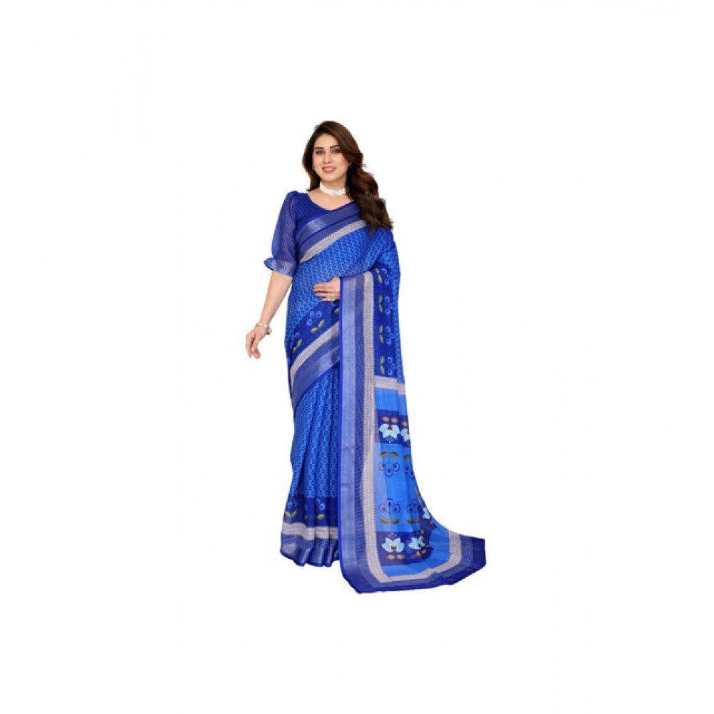 Women's Linen Cotton Printed Saree With Unstitched Blouse 5.5mtr (blue) | Women Signature Collection