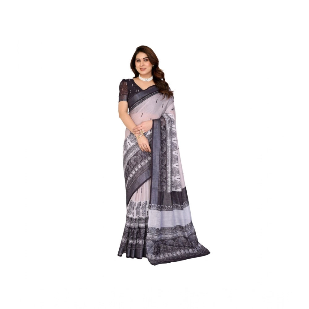 Women's Linen Cotton Printed Saree With Unstitched Blouse 5.5mtr (white & Black) | Women Signature Collection