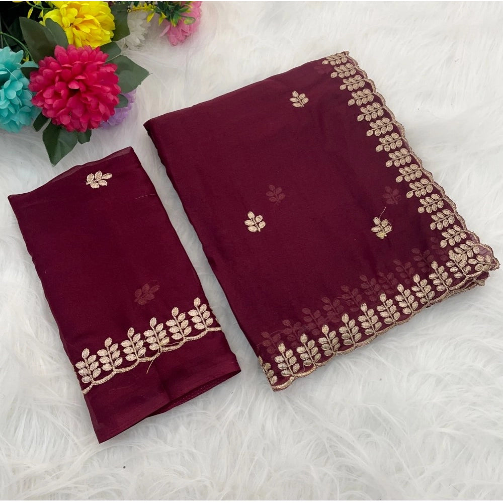 Women's Georgette Embroidered Saree With Unstitched Blouse 5.5mtr (red) | Women Signature Collection