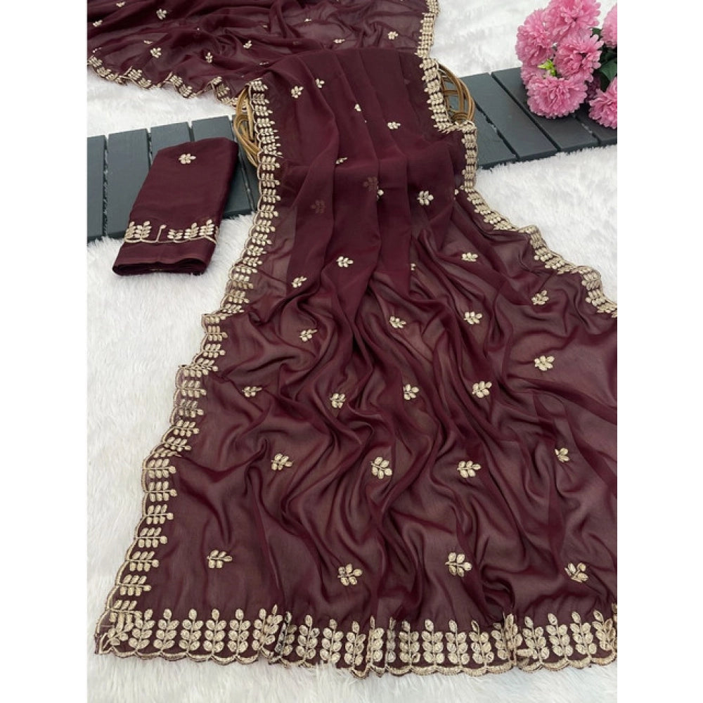 Women's Georgette Embroidered Saree With Unstitched Blouse 5.5mtr (maroon) | Women Signature Collection