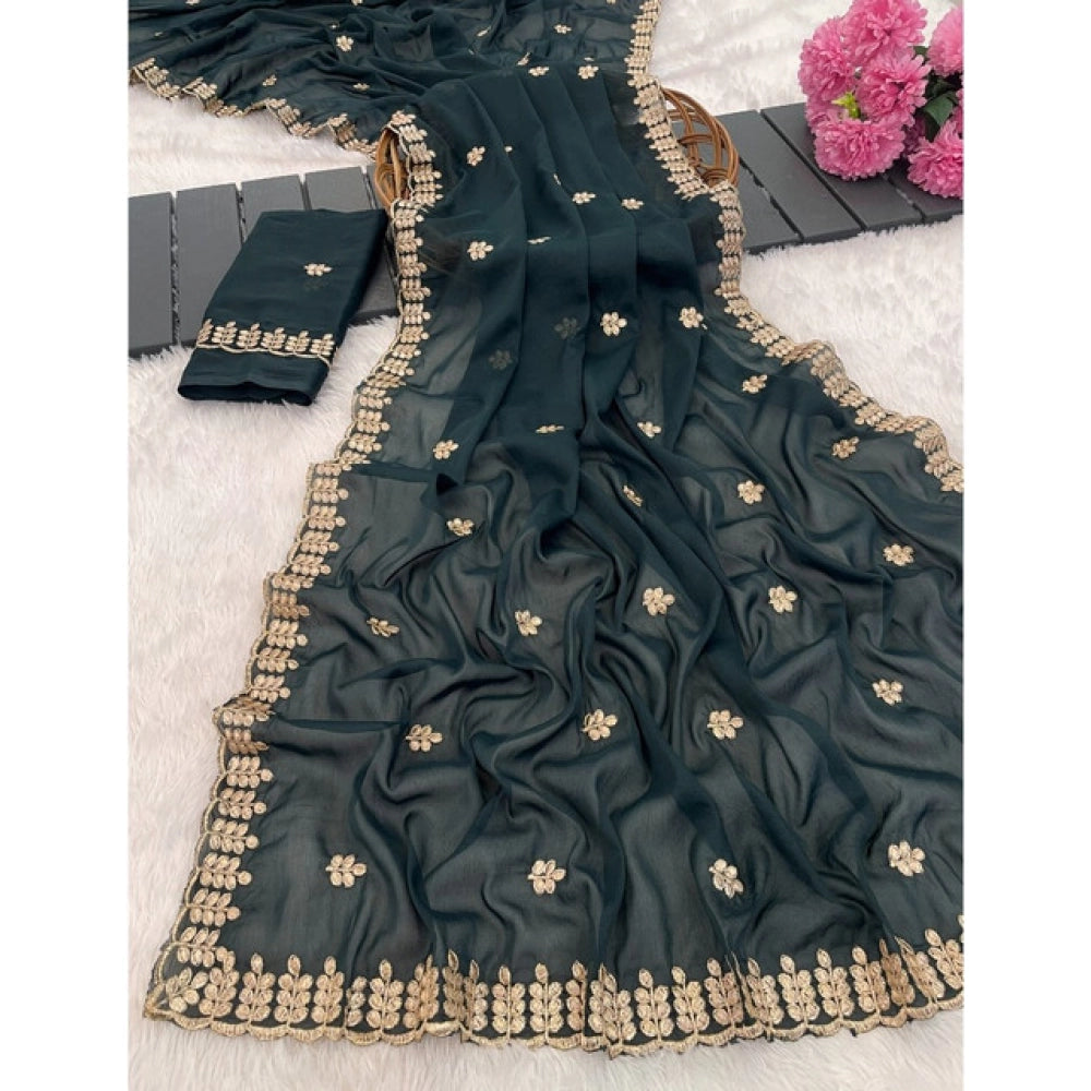 Women's Georgette Embroidered Saree With Unstitched Blouse 5.5mtr (teal) | Women Signature Collection