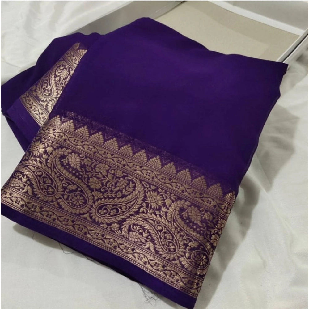 Women's Crepe Chit Pallu Solid Saree With Unstitched Blouse 5.5mtr (purple) | Women Signature Collection