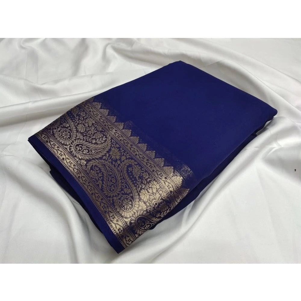 Women's Crepe Chit Pallu Solid Saree With Unstitched Blouse 5.5mtr (blue) | Women Signature Collection