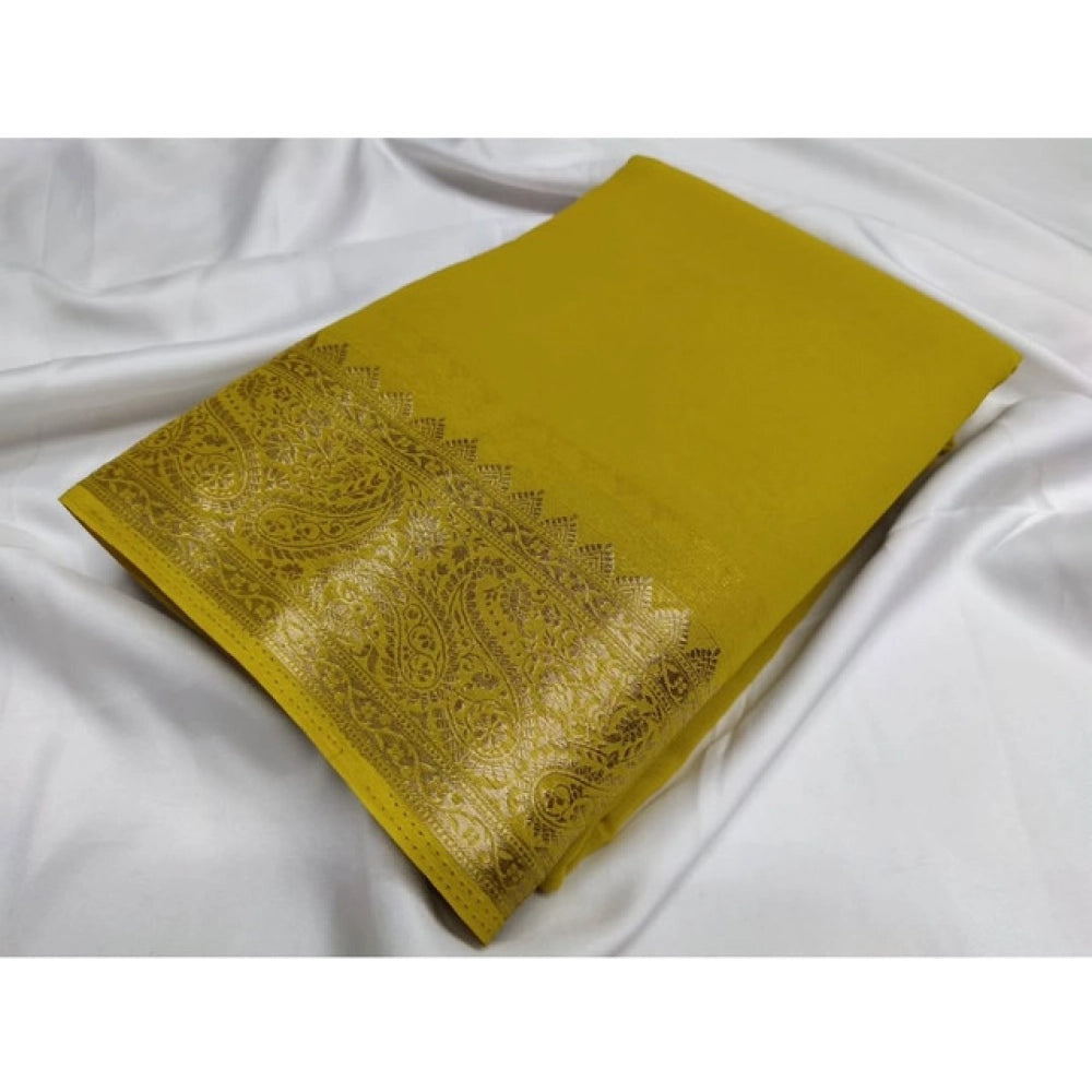 Women's Crepe Chit Pallu Solid Saree With Unstitched Blouse 5.5mtr (mustard Yellow) | Women Signature Collection