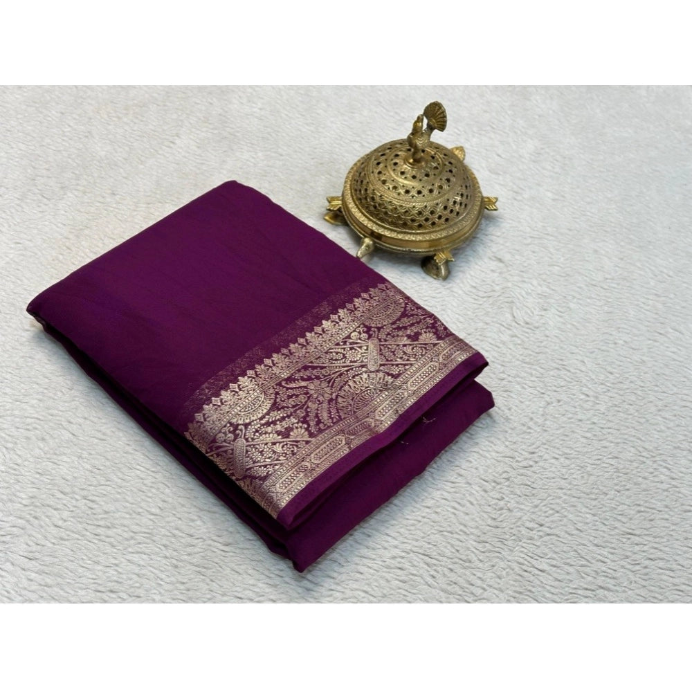 Women's Crepe Chit Pallu Solid Saree With Unstitched Blouse 5.5mtr (purple) | Women Signature Collection