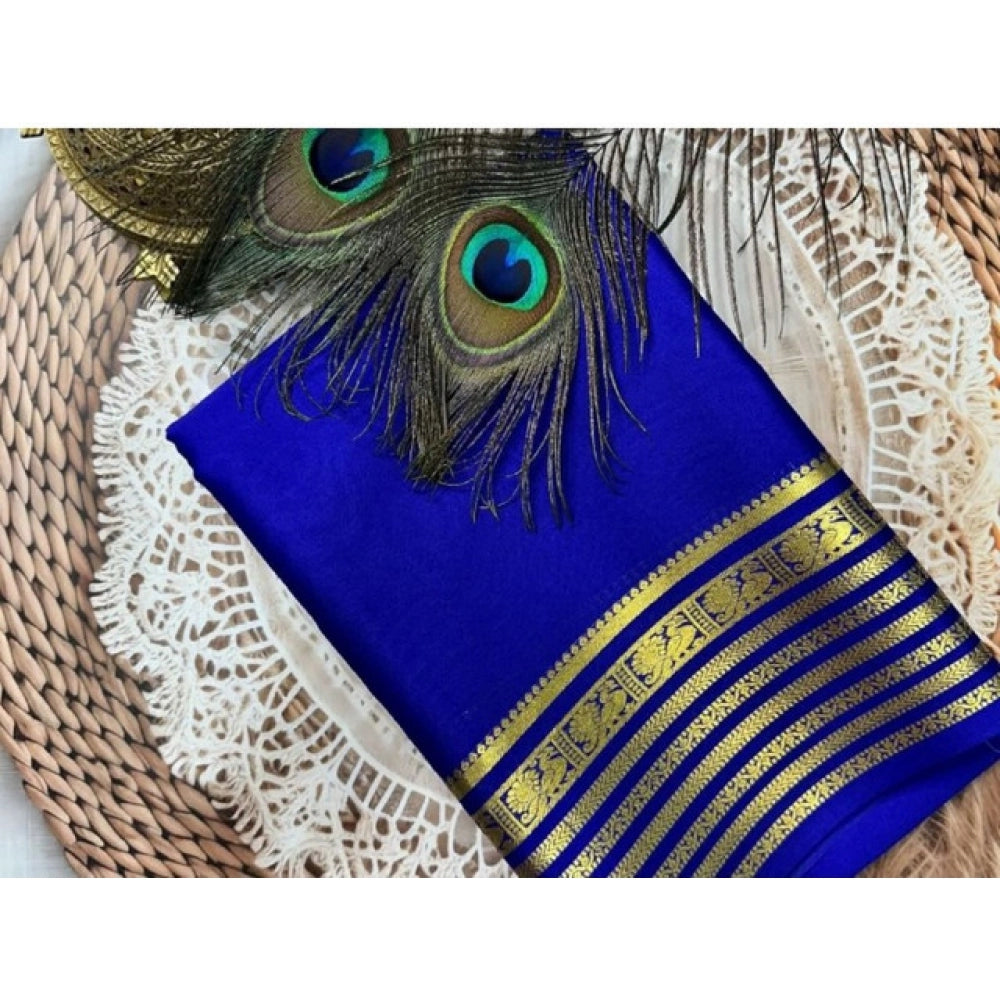 Women's Crepe Chit Pallu Solid Saree With Unstitched Blouse 5.5mtr (blue) | Women Signature Collection