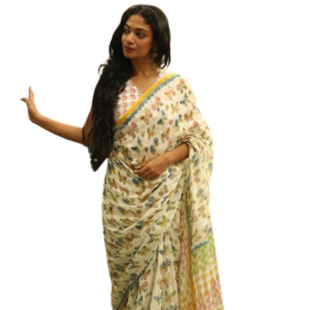 Women's Linen Printed Saree With Unstitched Blouse 5.5mtr (white) | Women Signature Collection