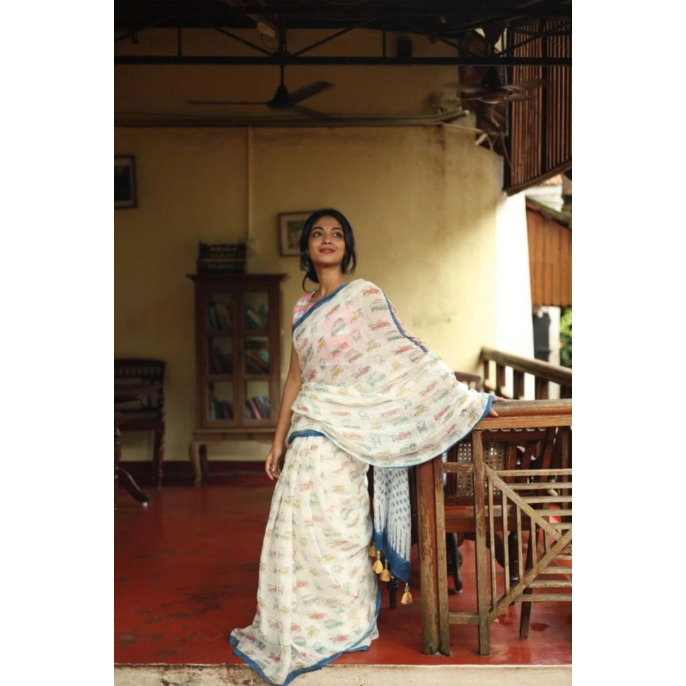 Women's Linen Printed Saree With Unstitched Blouse 5.5mtr (white) | Women Signature Collection