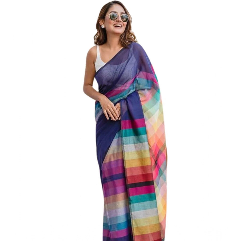 Women's Linen Printed Saree With Unstitched Blouse 5.5mtr (navy) | Women Signature Collection