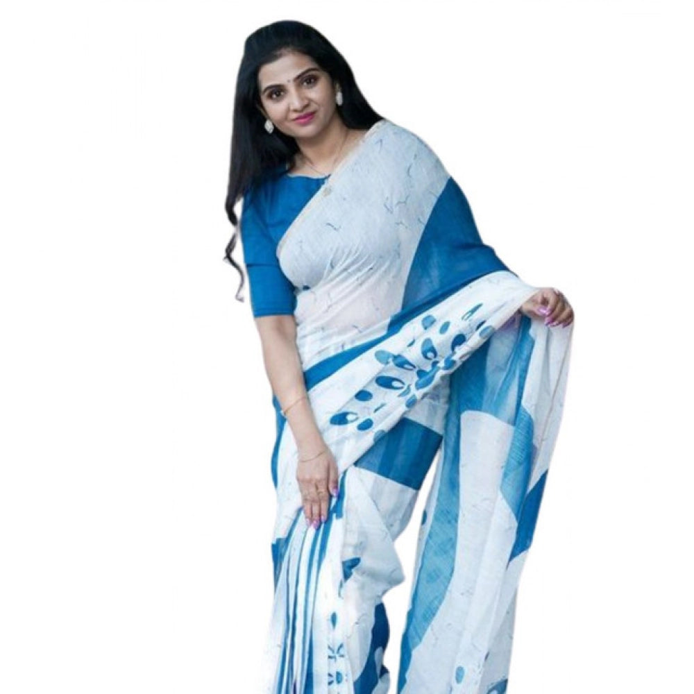 Women's Linen Printed Saree With Unstitched Blouse 5.5mtr (white) | Women Signature Collection