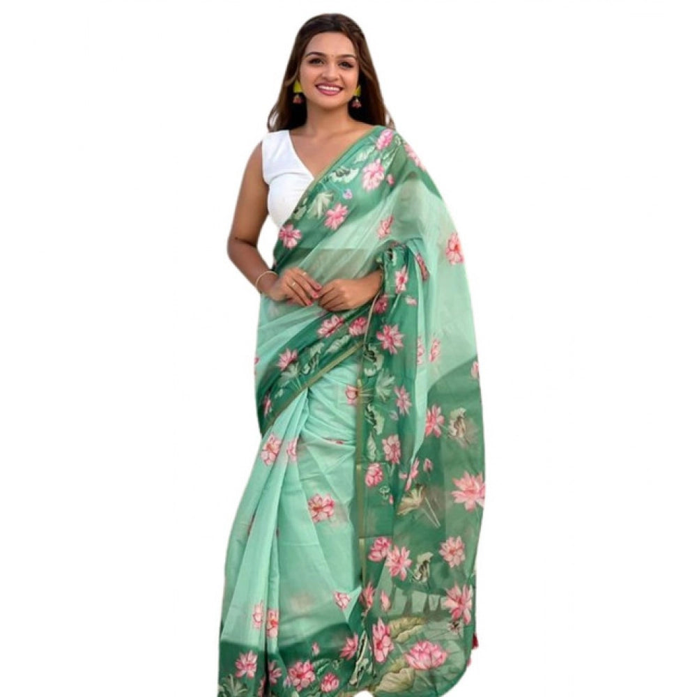 Women's Linen Printed Saree With Unstitched Blouse 5.5mtr (green) | Women Signature Collection