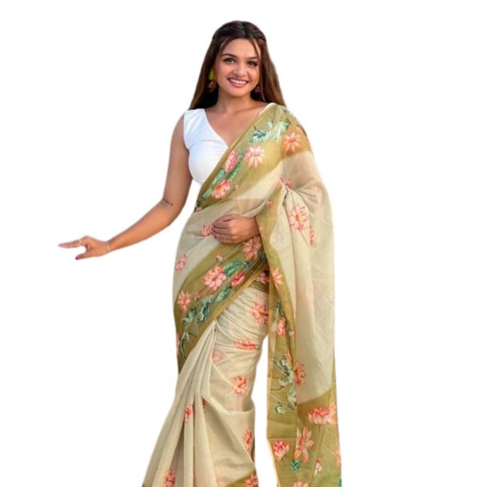 Women's Linen Printed Saree With Unstitched Blouse 5.5mtr (mahendi) | Women Signature Collection