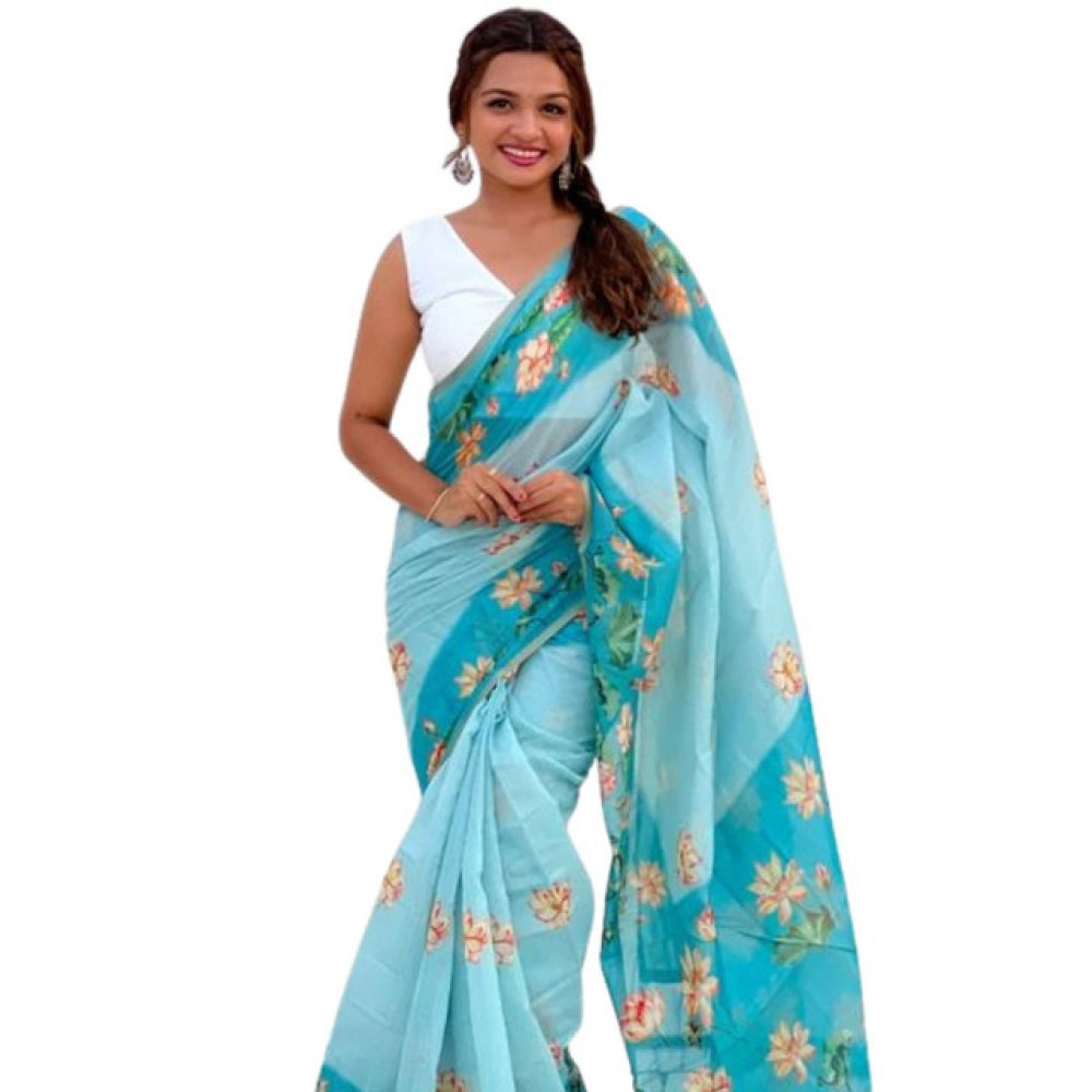 Women's Linen Printed Saree With Unstitched Blouse 5.5mtr (aqua) | Women Signature Collection