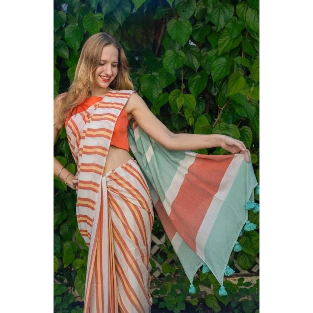 Women's Linen Printed Saree With Unstitched Blouse 5.5mtr (orange) | Women Signature Collection
