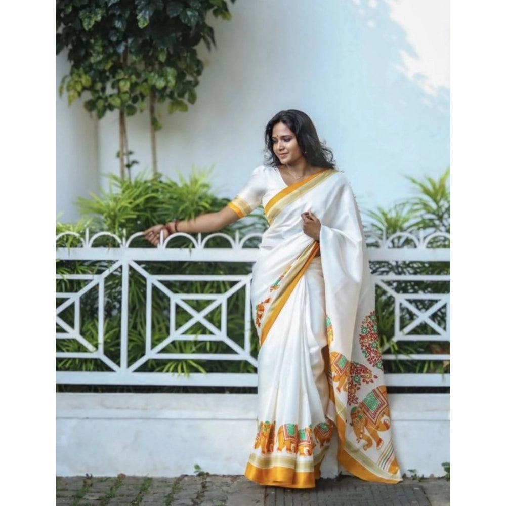 Women's Linen Printed Saree With Unstitched Blouse 5.5mtr (white) | Women Signature Collection