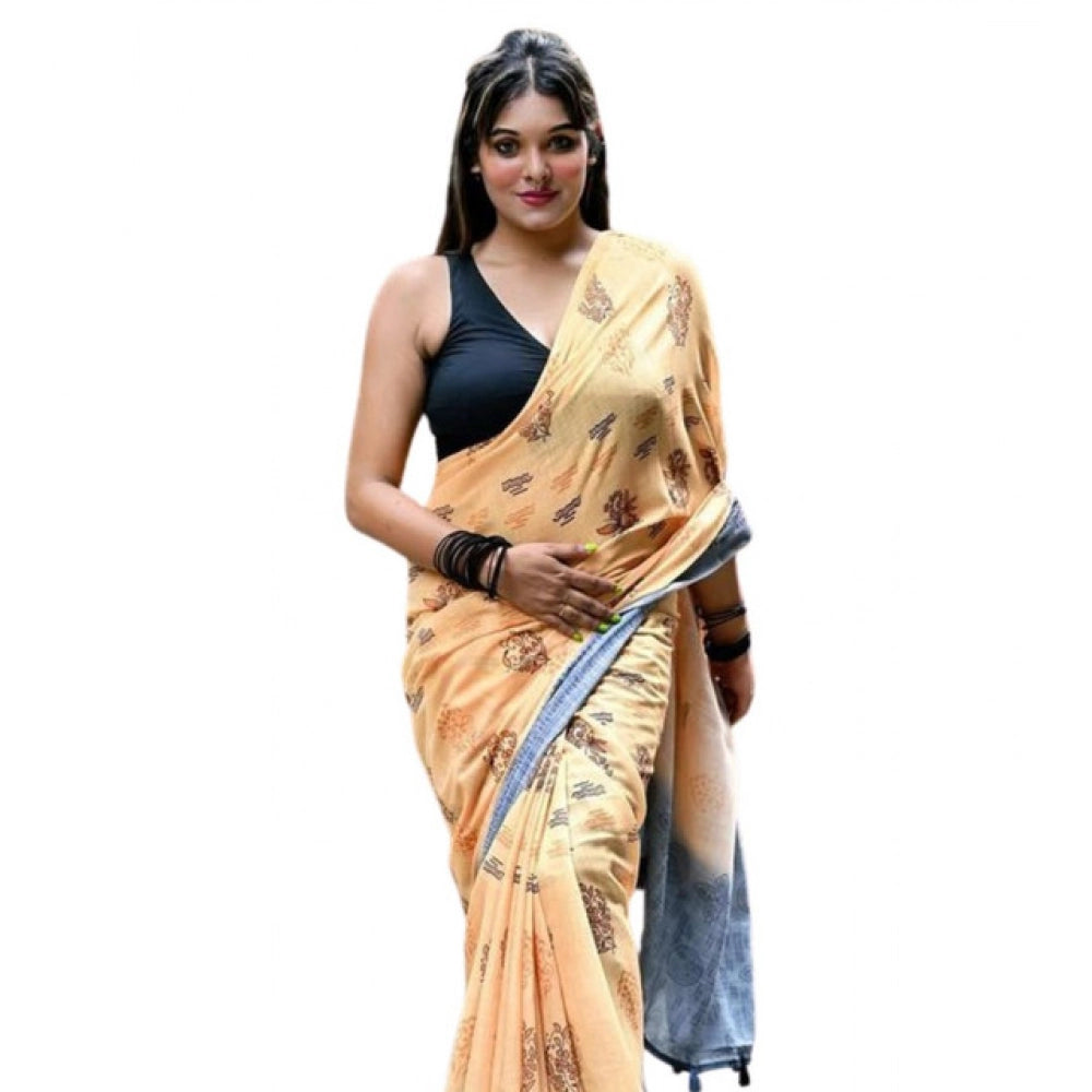 Women's Linen Printed Saree With Unstitched Blouse 5.5mtr (peach) | Women Signature Collection