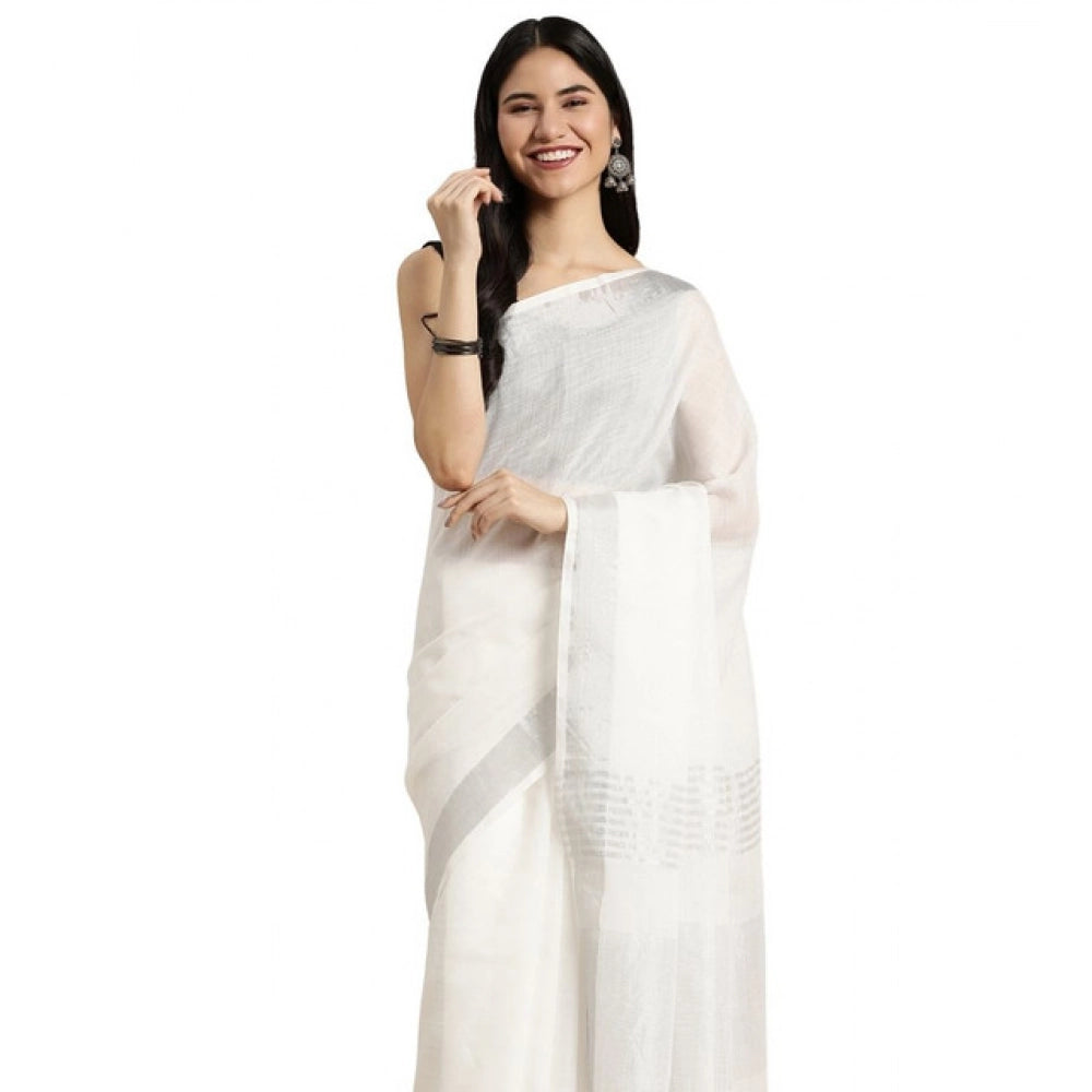 Women's Linen Cotton Printed Saree With Unstitched Blouse 5.5mtr (white) | Women Signature Collection