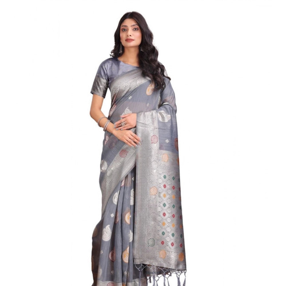 Women's Linen Cotton Printed Saree With Unstitched Blouse 5.5mtr (grey) | Women Signature Collection