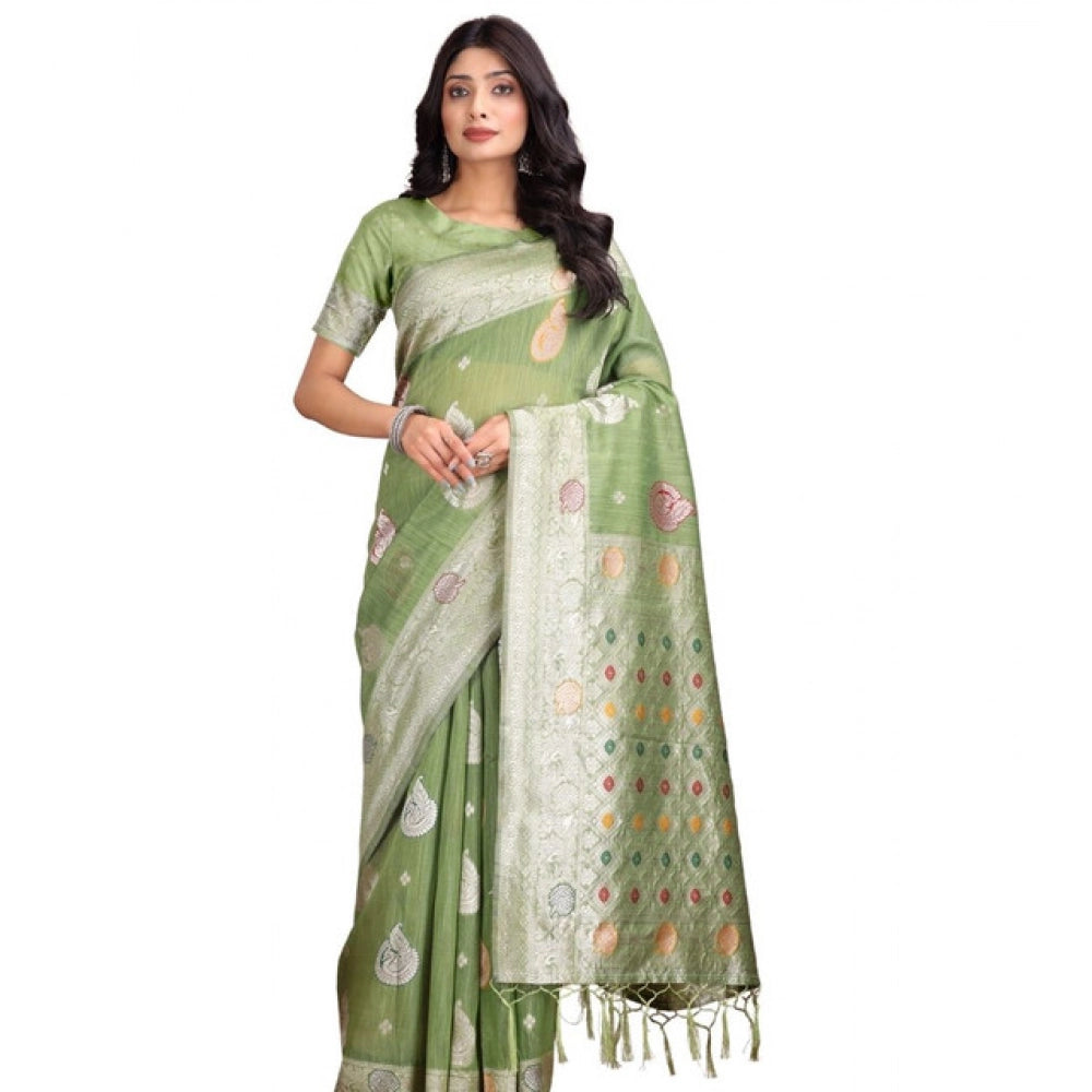 Women's Linen Cotton Printed Saree With Unstitched Blouse 5.5mtr (light Green) | Women Signature Collection