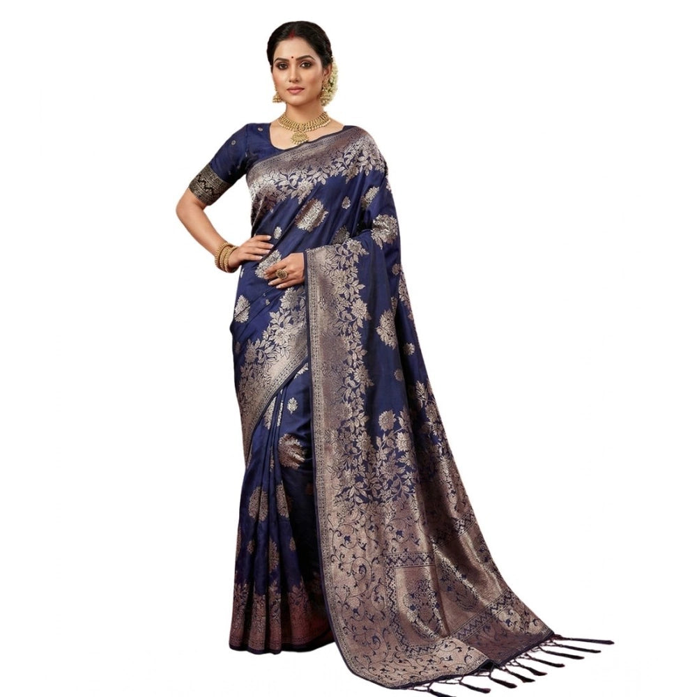 Women's Silk Blend Printed Saree With Unstitched Blouse 5.5mtr (navy Blue) | Women Signature Collection