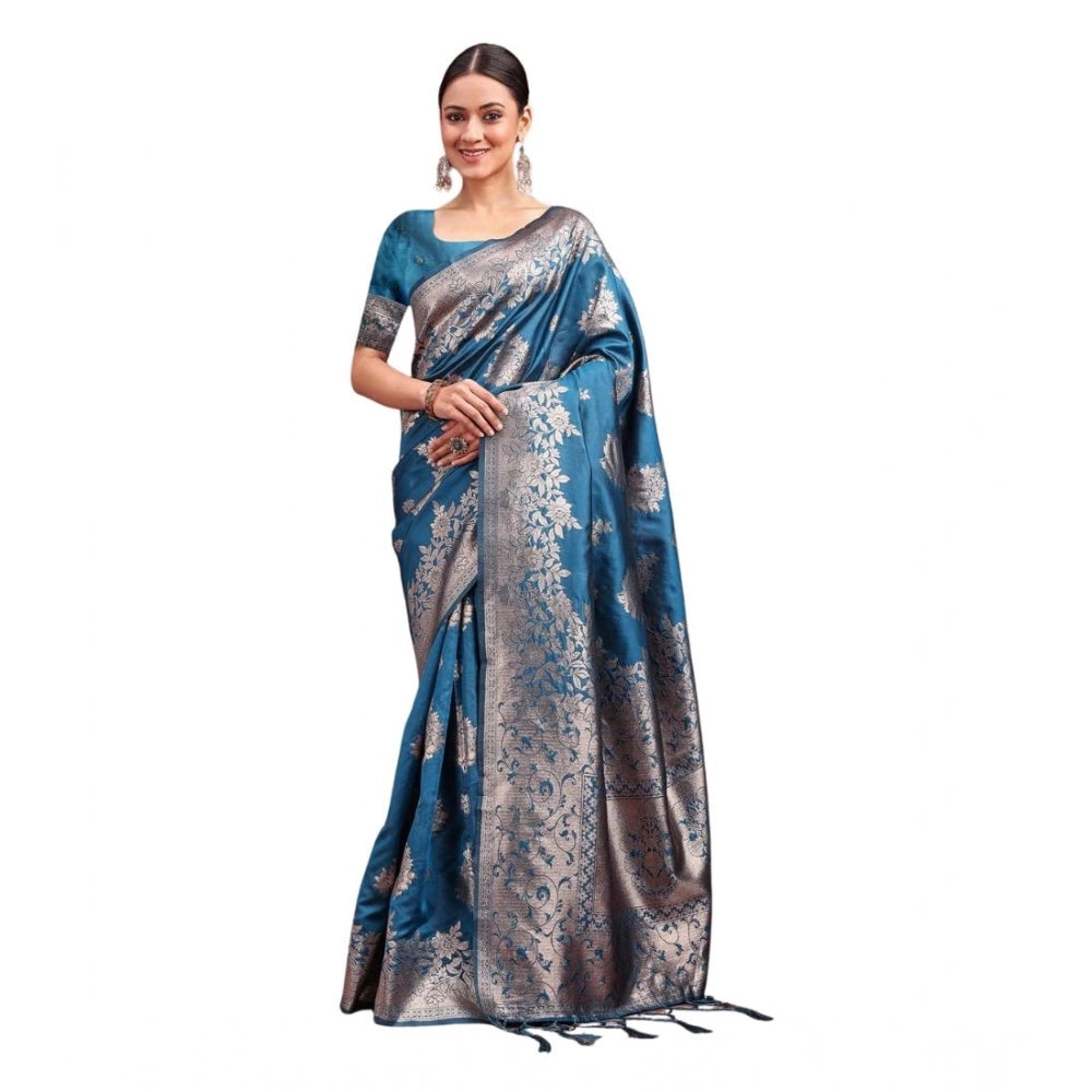 Women's Banarasi Silk Printed Saree With Unstitched Blouse 5.5mtr (teal Blue) | Women Signature Collection