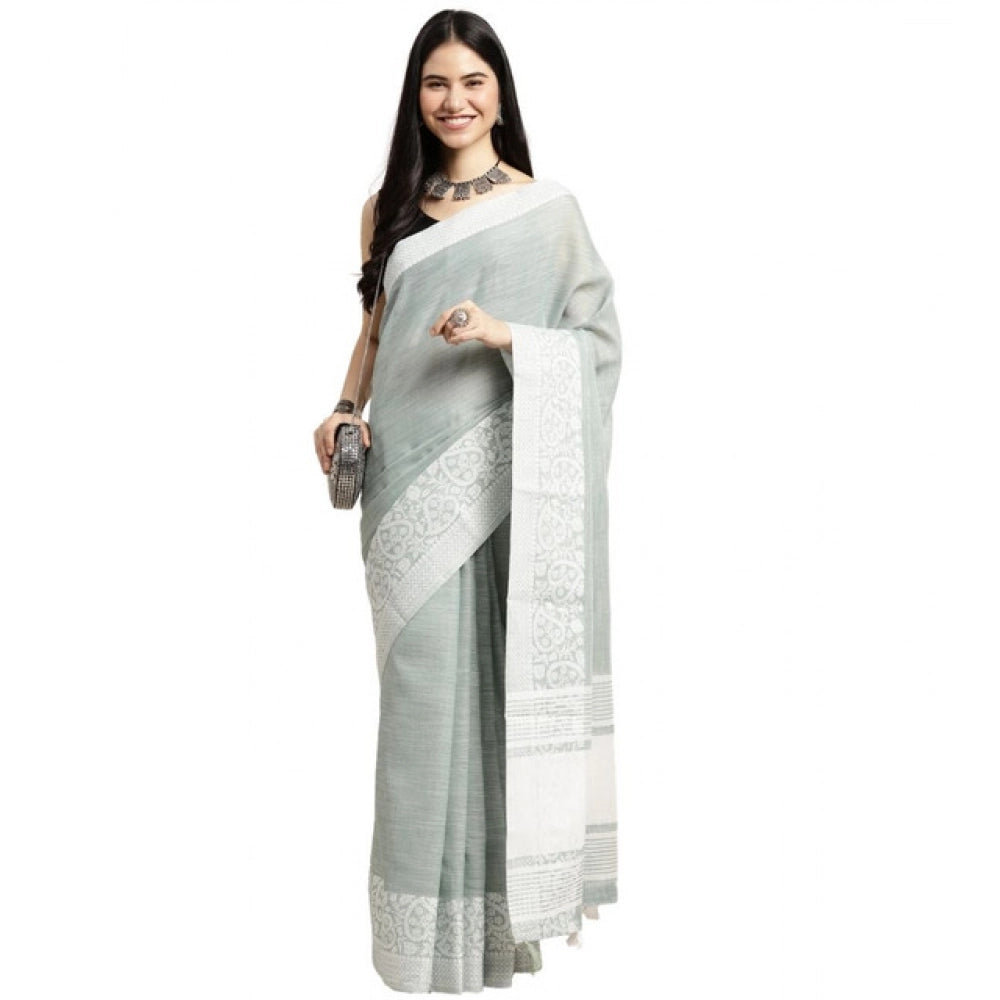 Women's Linen Printed Saree With Unstitched Blouse 5.5mtr (sea Green) | Women Signature Collection