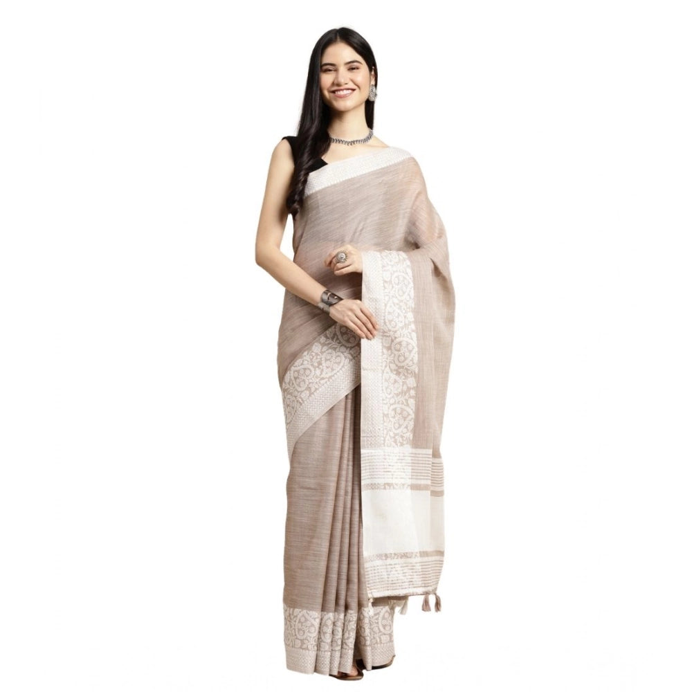 Women's Linen Printed Saree With Unstitched Blouse 5.5mtr (beige) | Women Signature Collection