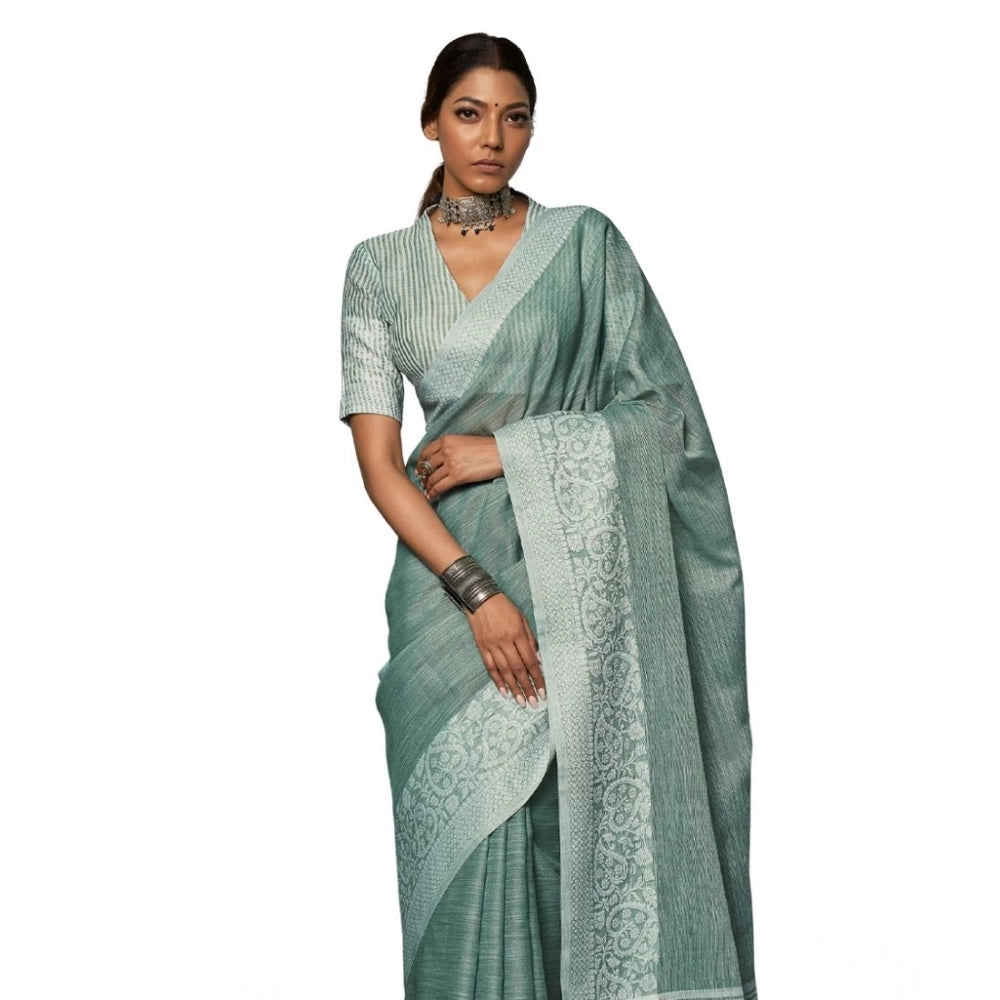 Women's Linen Printed Saree With Unstitched Blouse 5.5mtr (sea Green) | Women Signature Collection