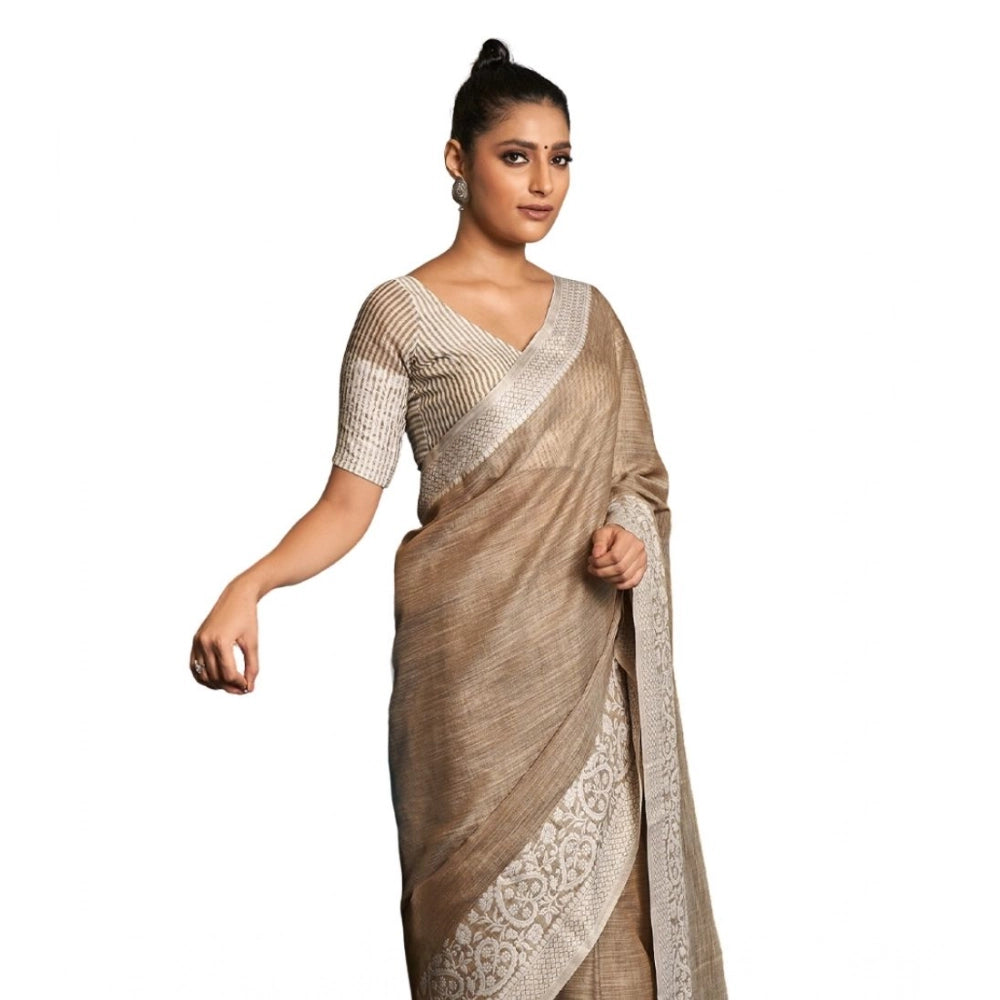 Women's Linen Printed Saree With Unstitched Blouse 5.5mtr (beige) | Women Signature Collection