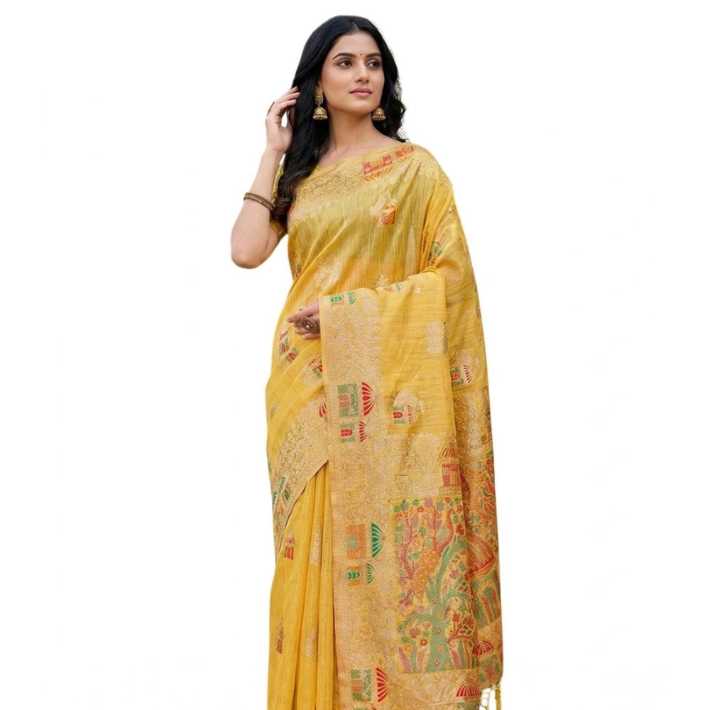 Women's Linen Cotton Printed Saree With Unstitched Blouse 5.5mtr (yellow) | Women Signature Collection