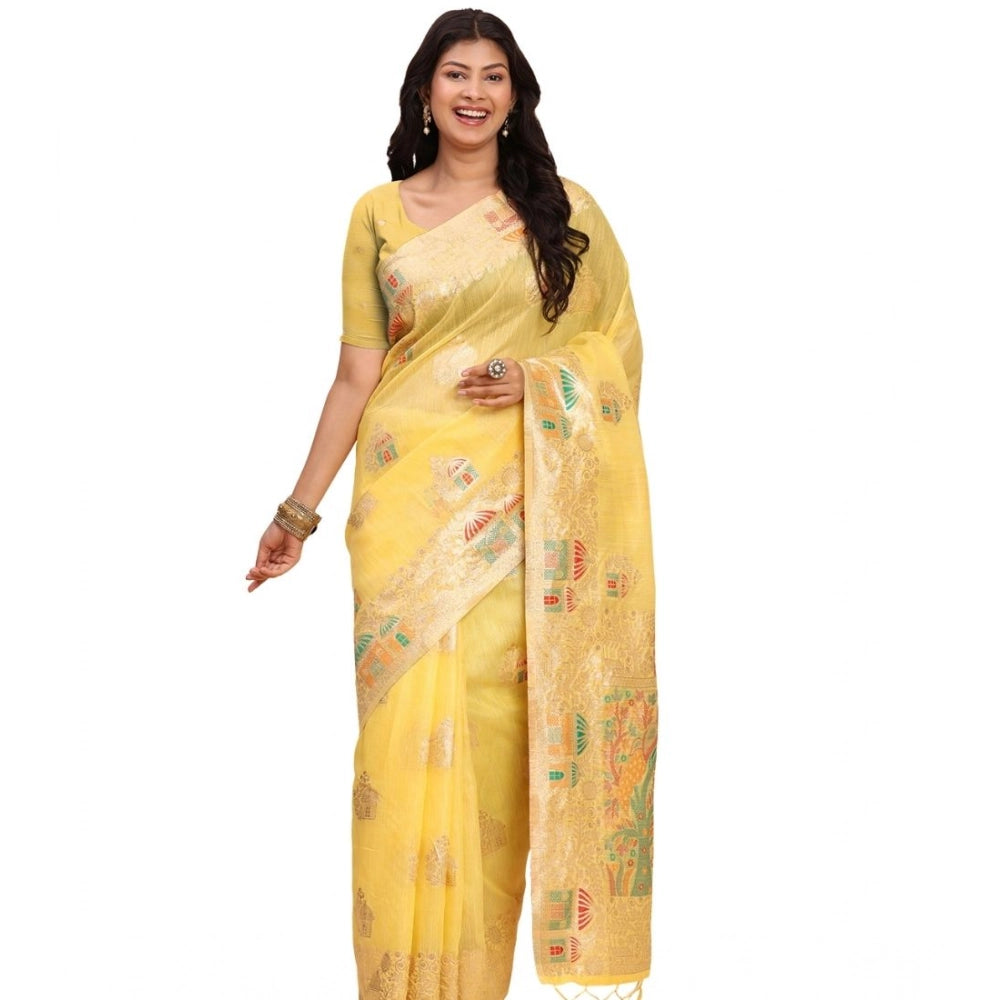 Women's Linen Cotton Printed Saree With Unstitched Blouse 5.5mtr (yellow) | Women Signature Collection