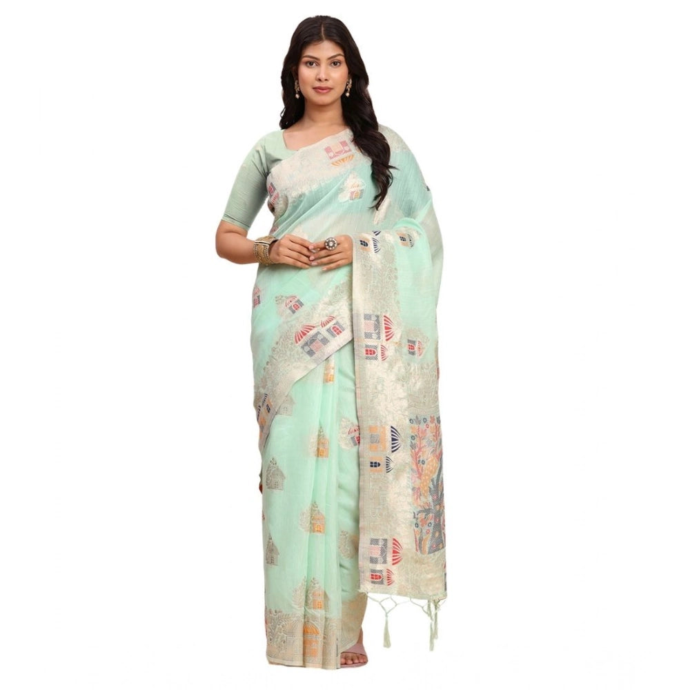Women's Linen Cotton Printed Saree With Unstitched Blouse 5.5mtr (sea Green) | Women Signature Collection