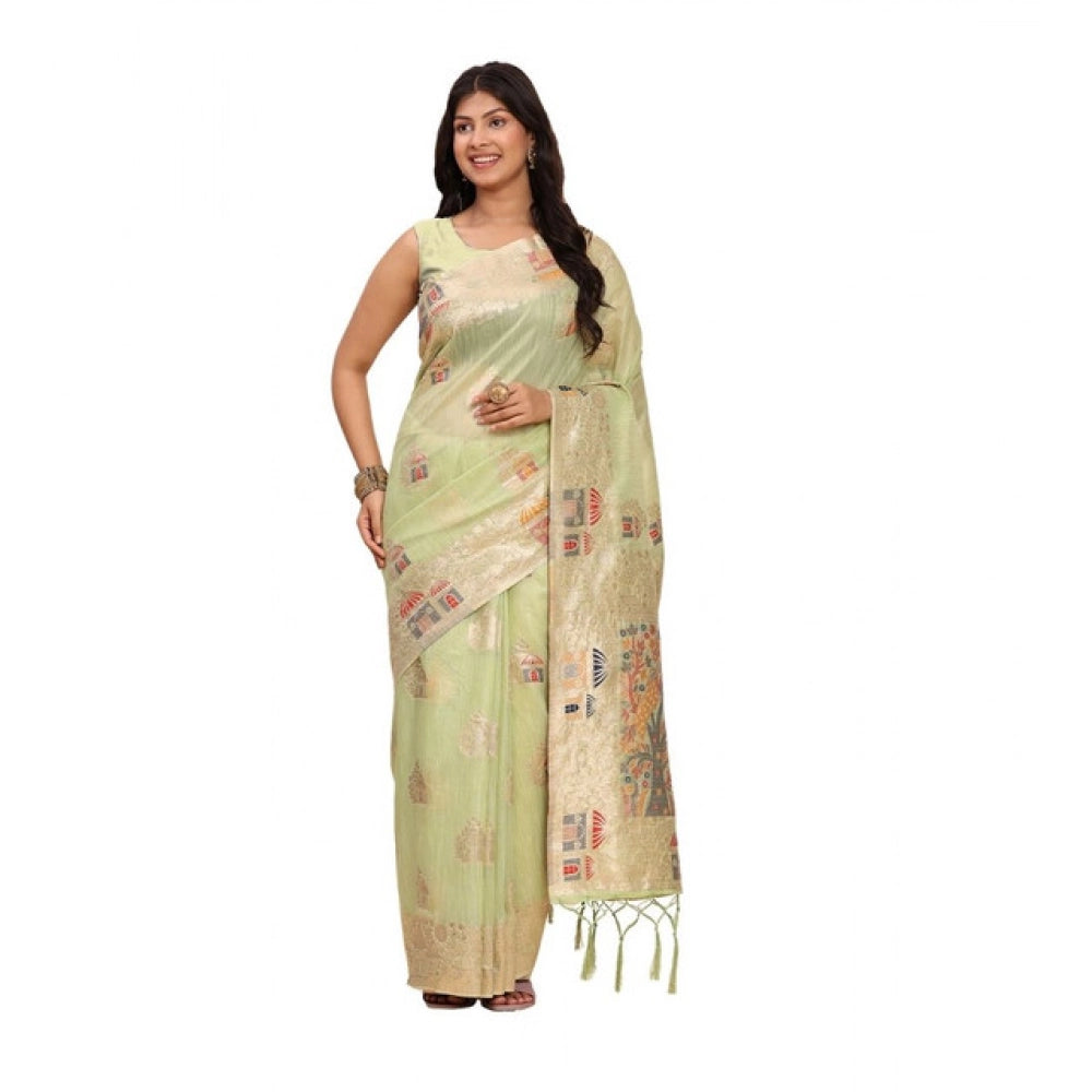 Women's Linen Cotton Printed Saree With Unstitched Blouse 5.5mtr (light Green) | Women Signature Collection