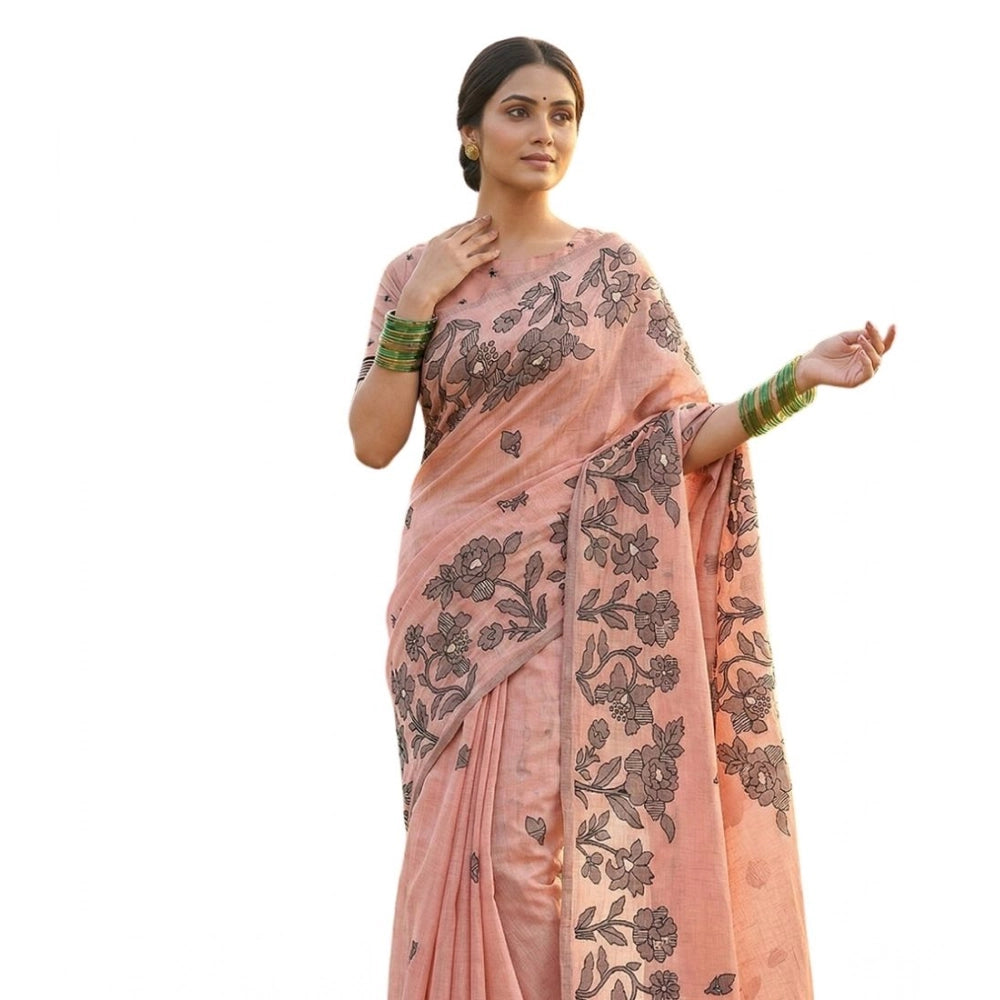 Women's Linen Cotton Printed Saree With Unstitched Blouse 5.5mtr (orange) | Women Signature Collection