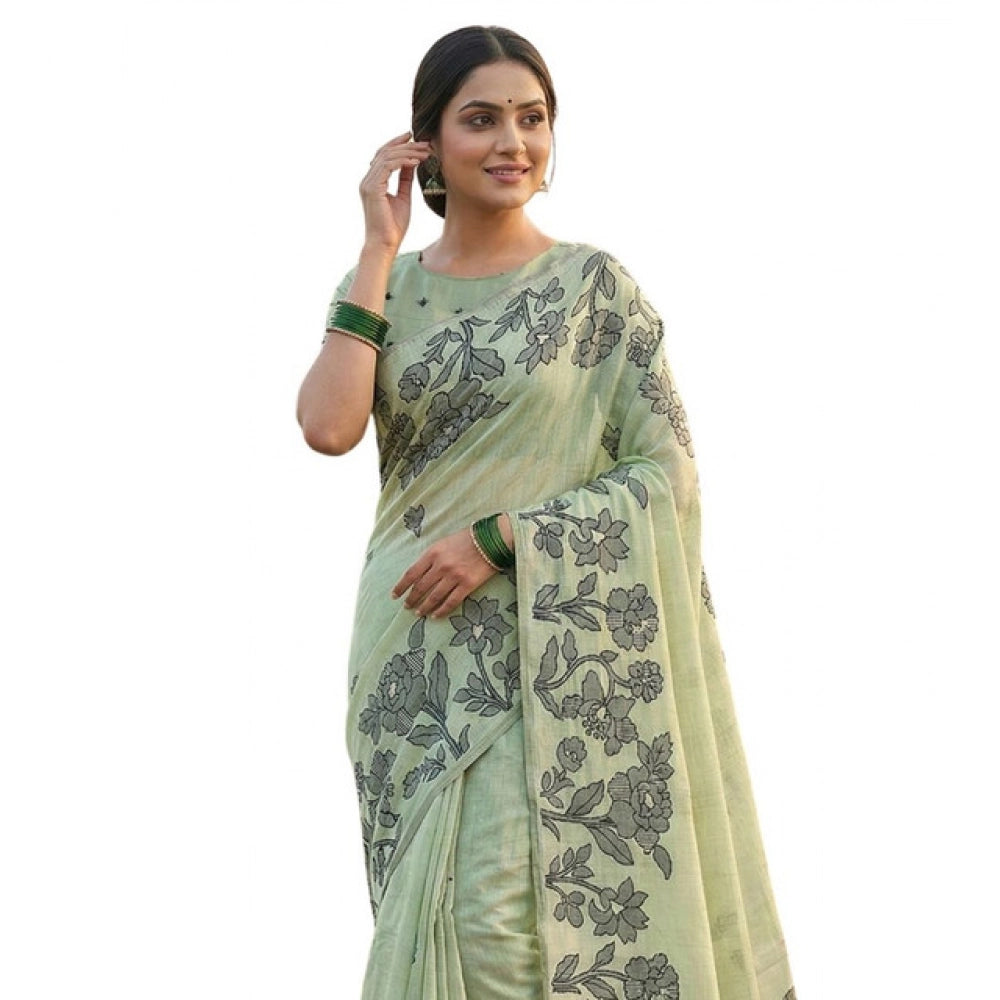 Women's Linen Cotton Printed Saree With Unstitched Blouse 5.5mtr (light Green) | Women Signature Collection