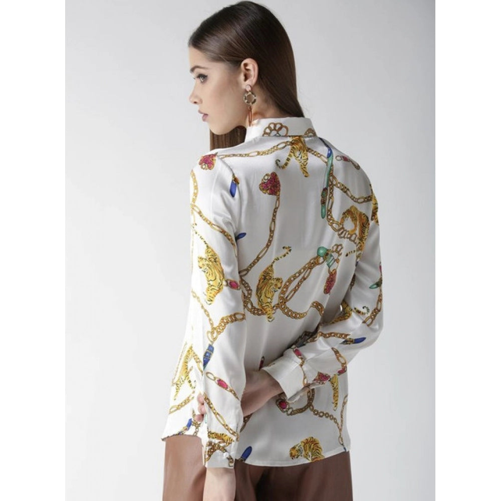 Women's Satin Printed Long Sleeves Shirt (white Gold) | Women Signature Collection