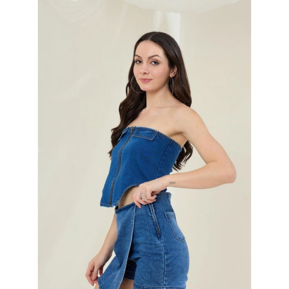 Women's Denim Lycra Solid Sleeveless Top (blue) | Women Signature Collection