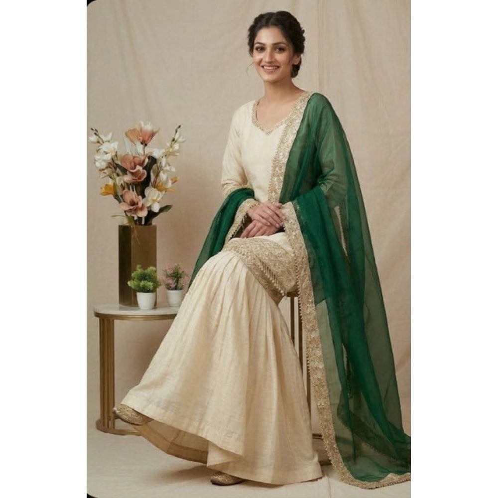 Women's Silk Embroidered 3/4th Sleeve V Neck Kurti With Sharara Pant And Dupatta Set (cream & Bottle Green) | Women Signature Collection