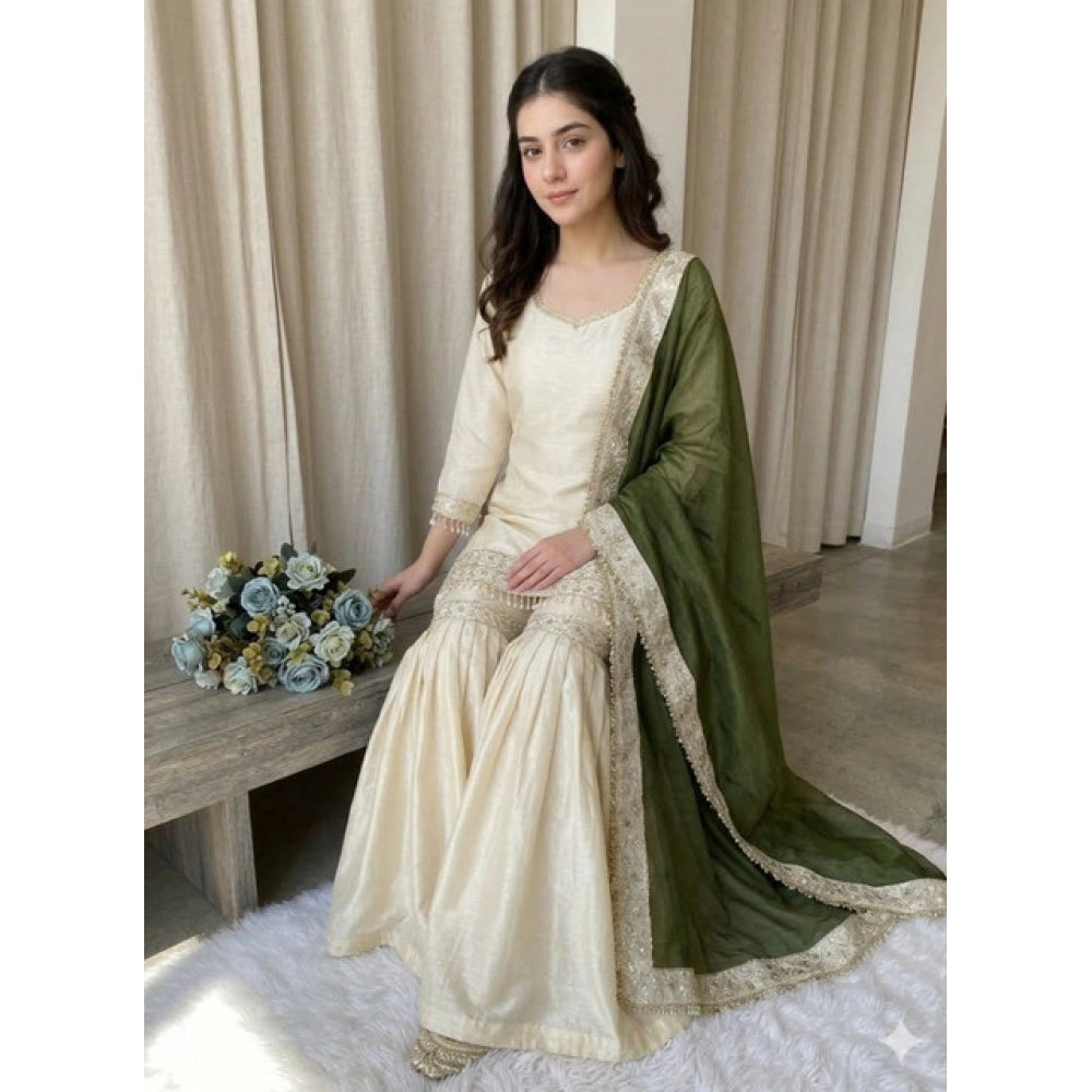 Women's Silk Embroidered 3/4th Sleeve V Neck Kurti With Sharara Pant And Dupatta Set (cream & Green) | Women Signature Collection