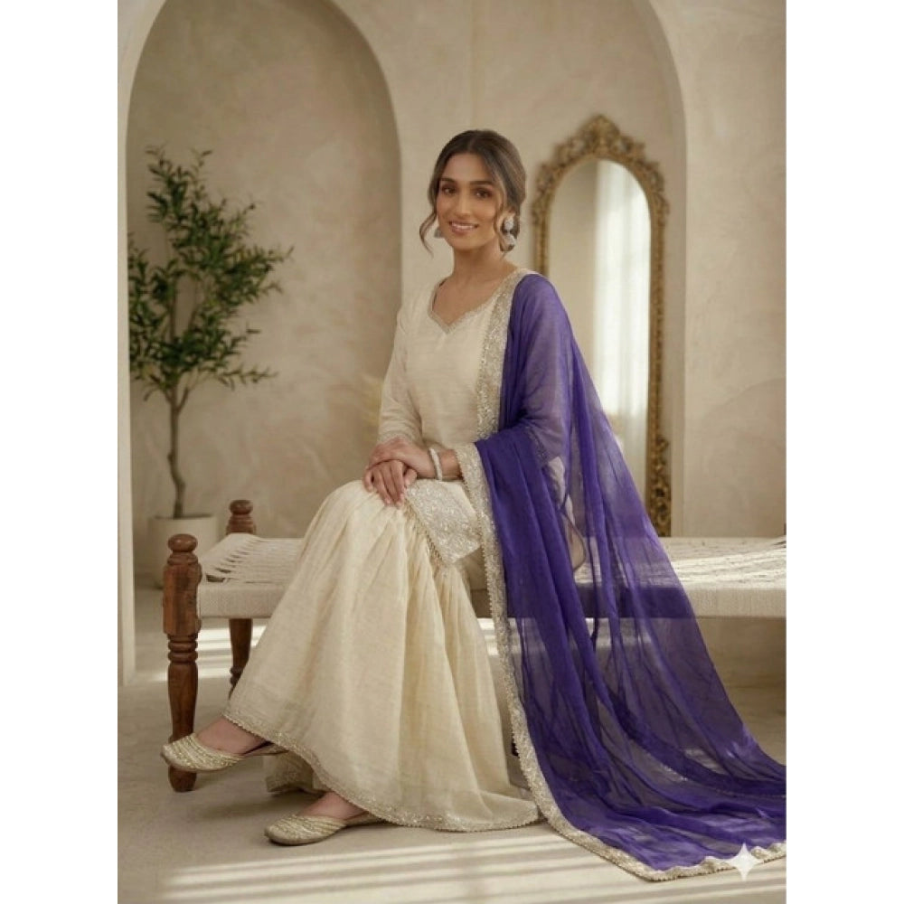 Women's Silk Embroidered 3/4th Sleeve V Neck Kurti With Sharara Pant And Dupatta Set (cream & Purple) | Women Signature Collection