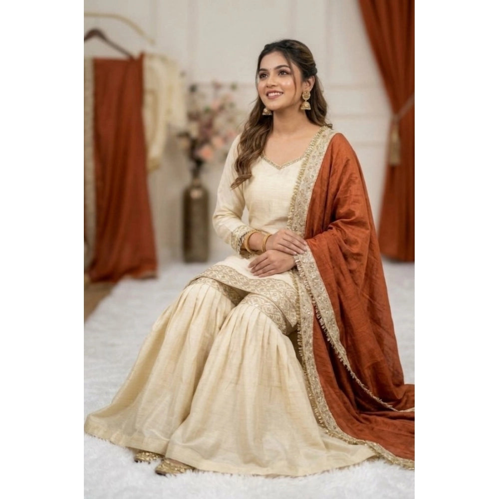 Women's Silk Embroidered 3/4th Sleeve V Neck Kurti With Sharara Pant And Dupatta Set (cream & Orange) | Women Signature Collection