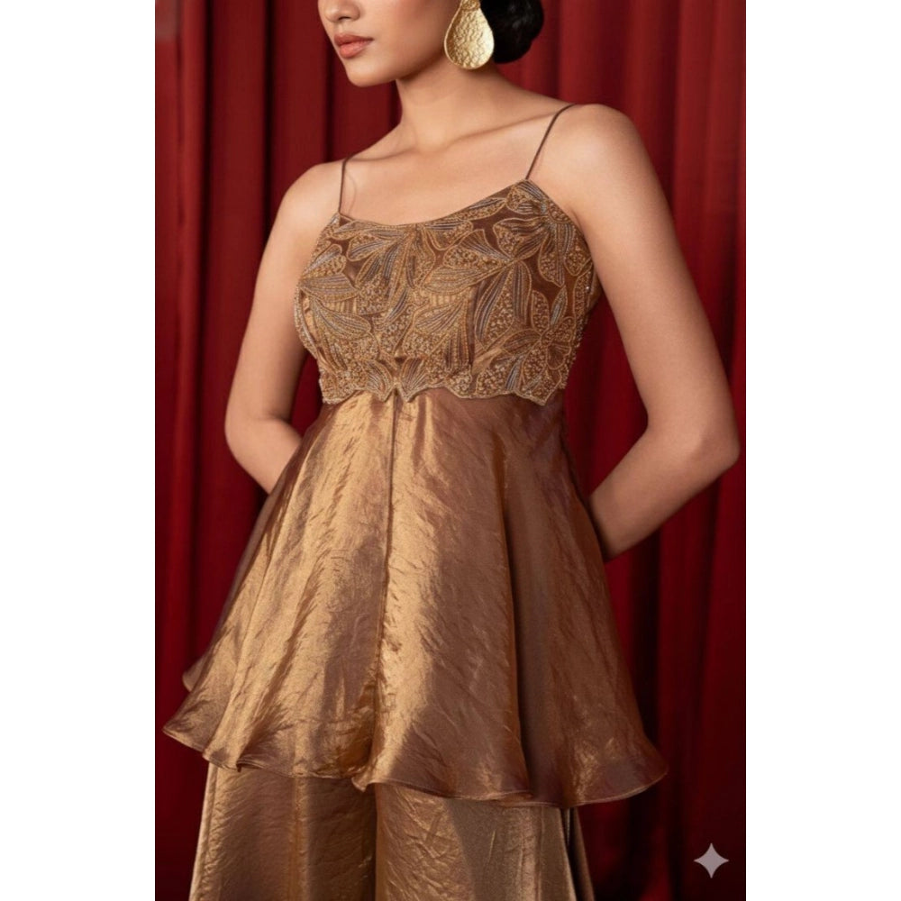 Women's Silk Embroidered Sleeveless Round Kurti With Palazzo Pant And Dupatta Set (brown) | Women Signature Collection