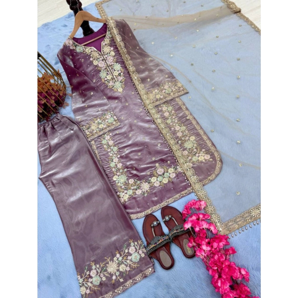 Women's Silk Embroidered 3/4th Sleeve Round Kurti With Palazzo Pant And Dupatta Set (lavender) | Women Signature Collection