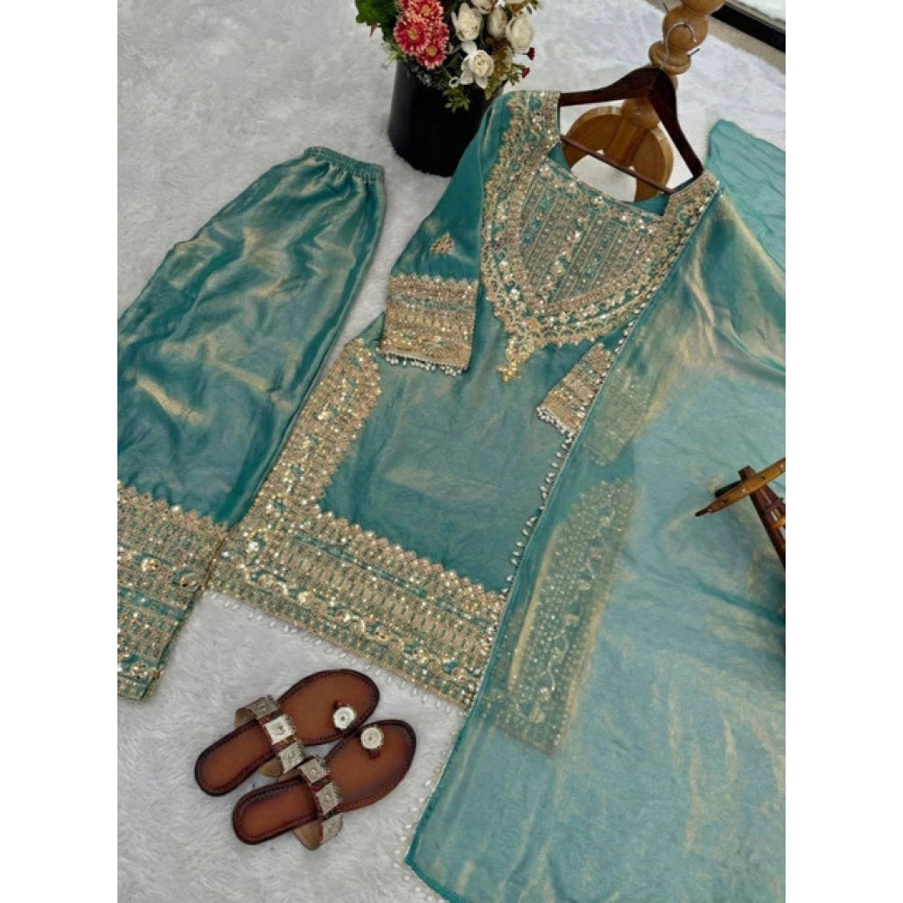 Women's Silk Embroidered 3/4th Sleeve Round Kurti With Sharara Pant And Dupatta Set (sea Green) | Women Signature Collection
