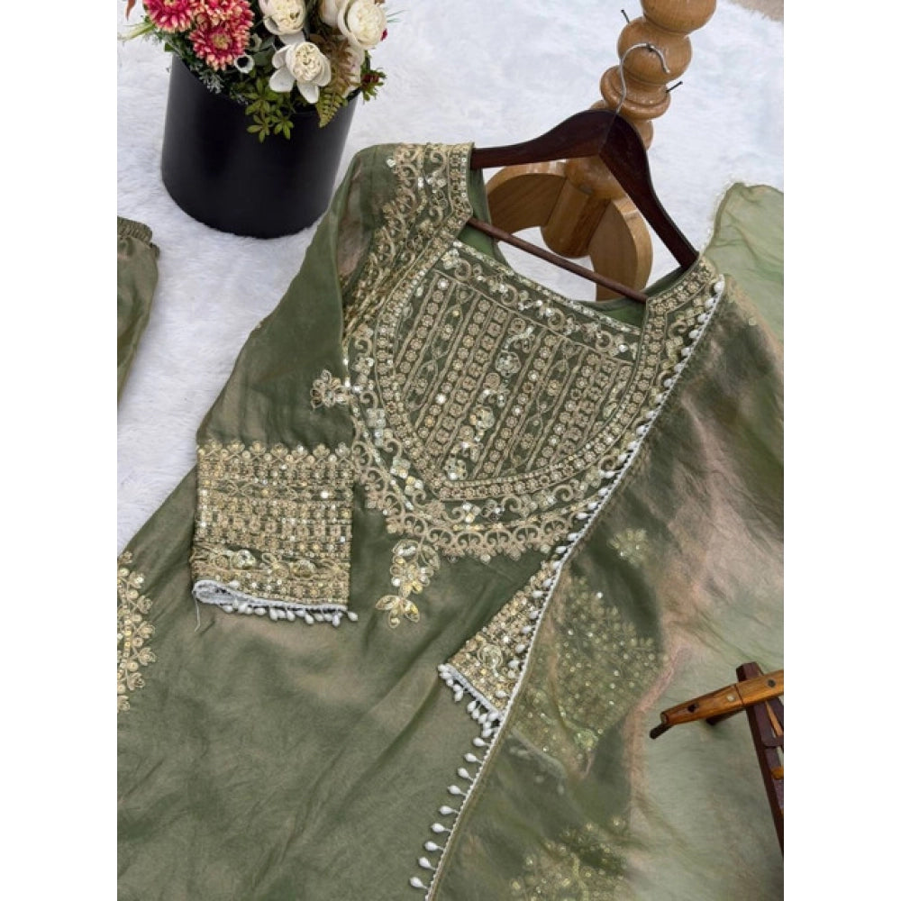 Women's Silk Embroidered 3/4th Sleeve Round Kurti With Sharara Pant And Dupatta Set (green) | Women Signature Collection