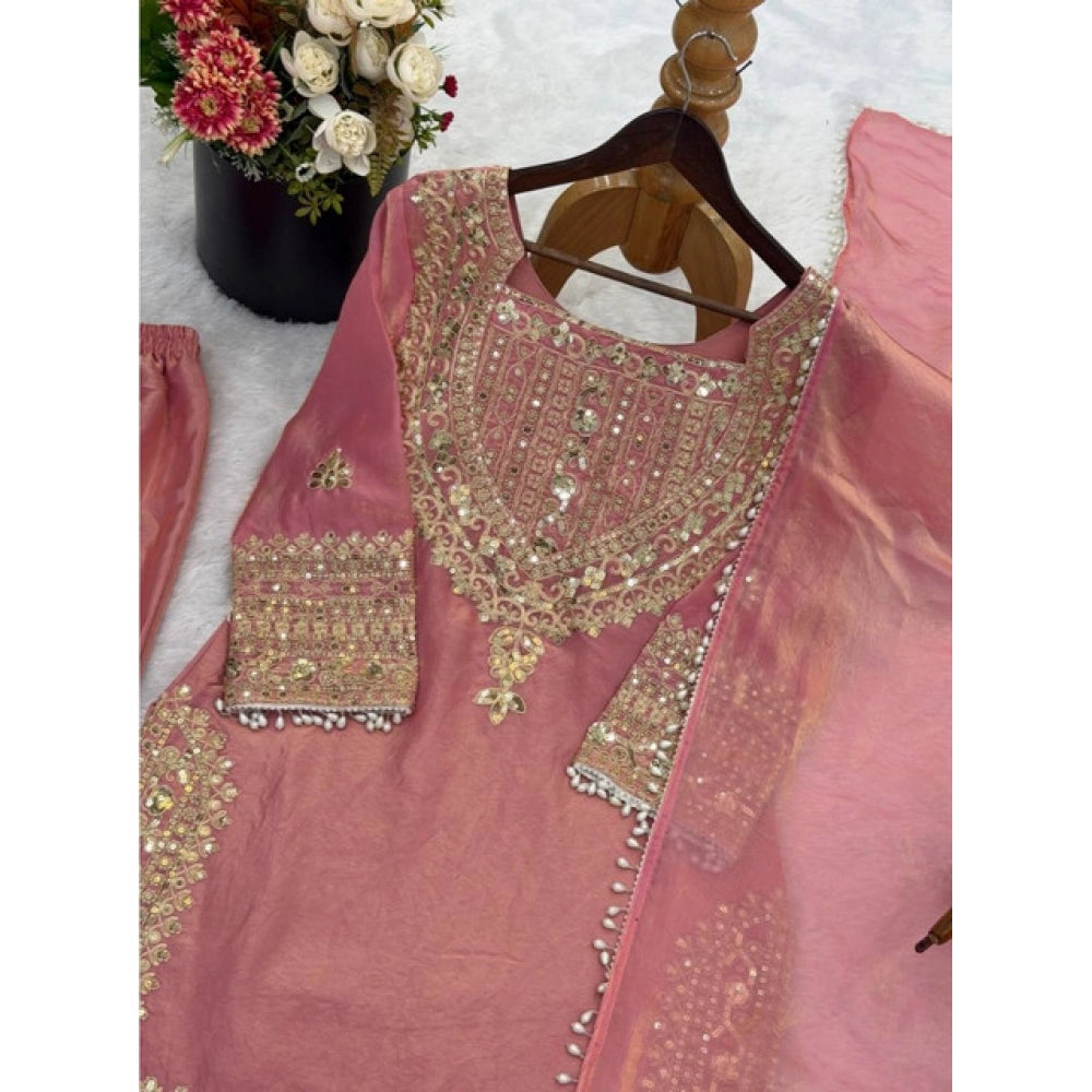 Women's Silk Embroidered 3/4th Sleeve Round Kurti With Sharara Pant And Dupatta Set (pink) | Women Signature Collection