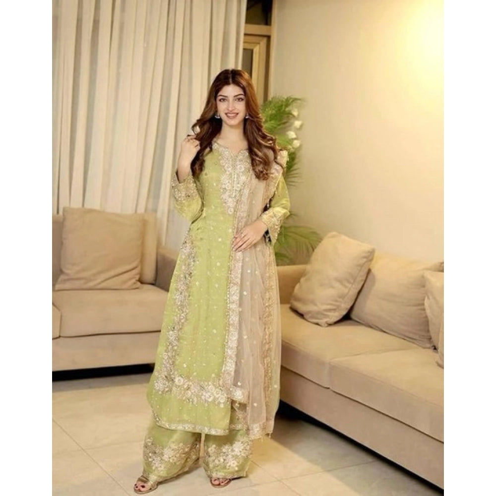 Women's Silk Embroidered 3/4th Sleeve Round Readymade Kurti With Palazzo Pant And Dupatta Set (pista) | Women Signature Collection